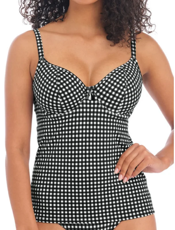 Freya Check In Underwire Plunge Tankini Top, Black / White | Check In Freya Tankini Tops | Check Tankini Top