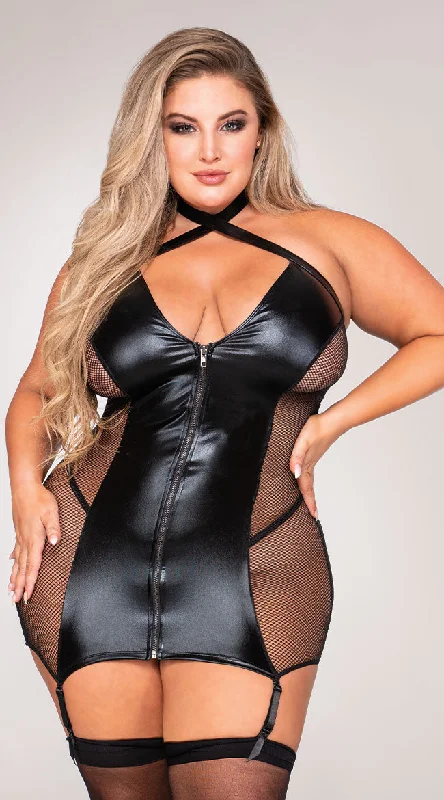 Plus Size Dark Side Vinyl and Fishnet Chemise Set