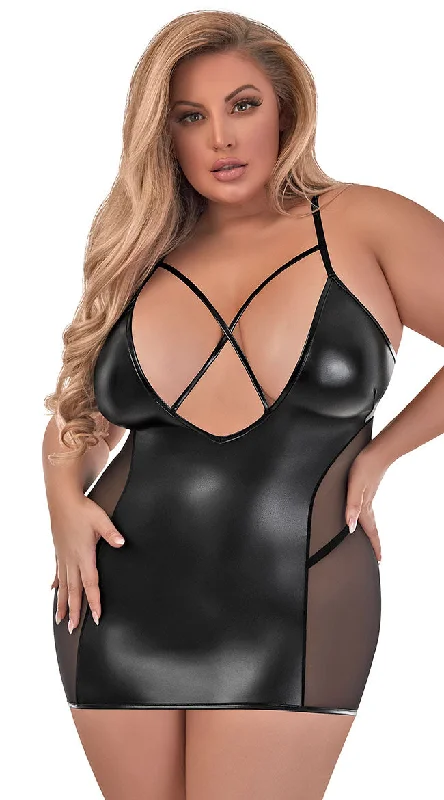 Plus Size Down Low Wet Look Chemise Set