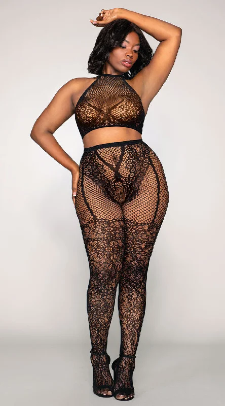 Plus Size Illusion Bralette and Pantyhose Bodystocking Set