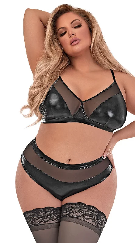 Plus Size Mesh & Wet Look Bralette Set