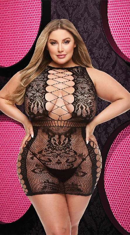 Plus Size Wide Net and Lace Mini Dress